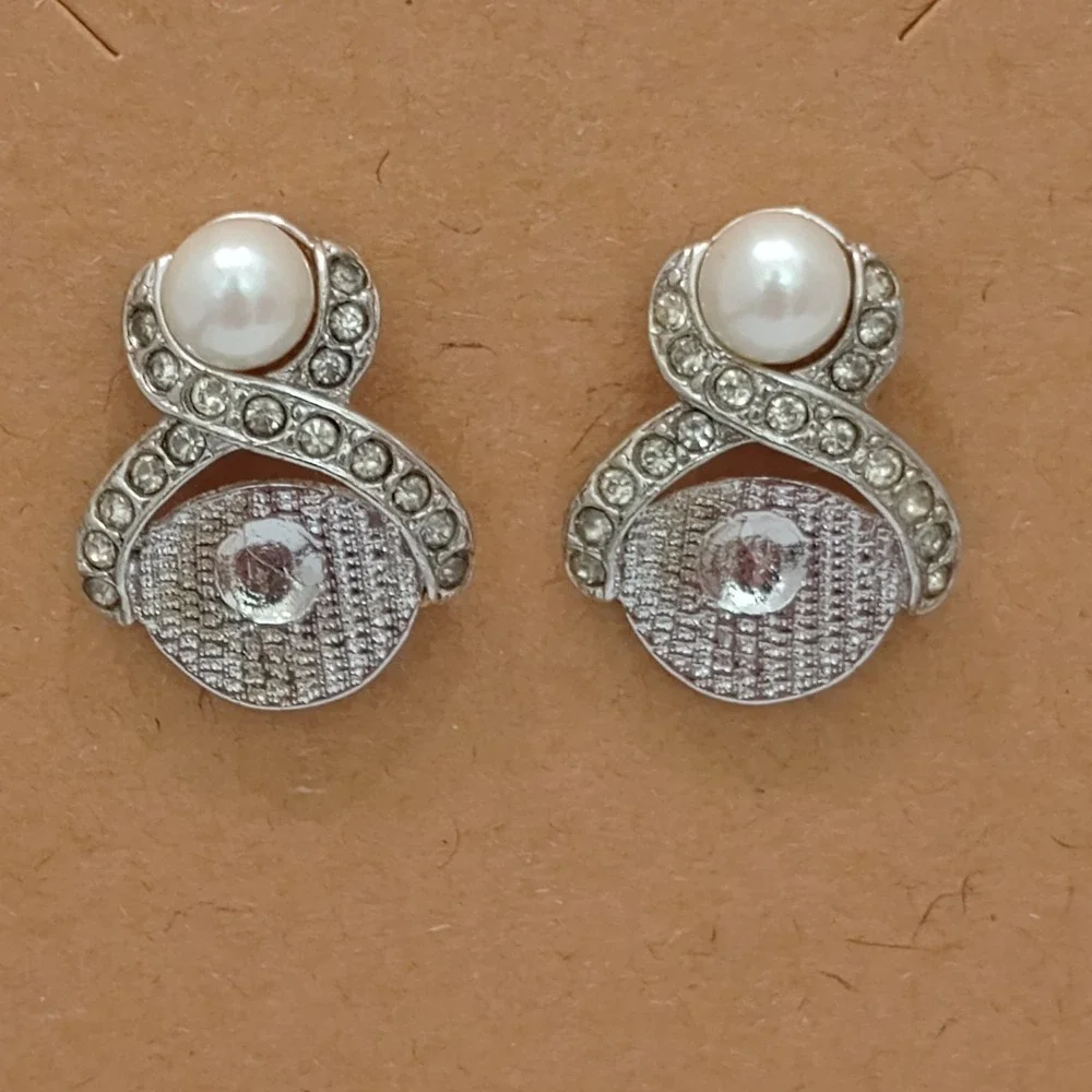 Vintage Marvella Faux Pearl Rhinestone Silver Tone Swirl‎ Earrings
